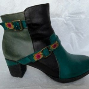 L'artiste Spring Step Leather Turquoise/ Black/ Olive Green Booties Sz 8/38